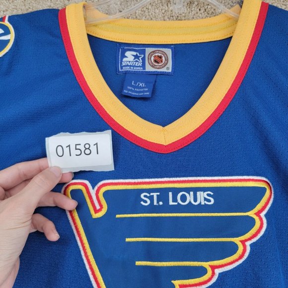 VINTAGE ST LOUIS BLUES NHL STARTER Large/XL Long Sleeve Patches Jersey V-Neck - Picture 5 of 11